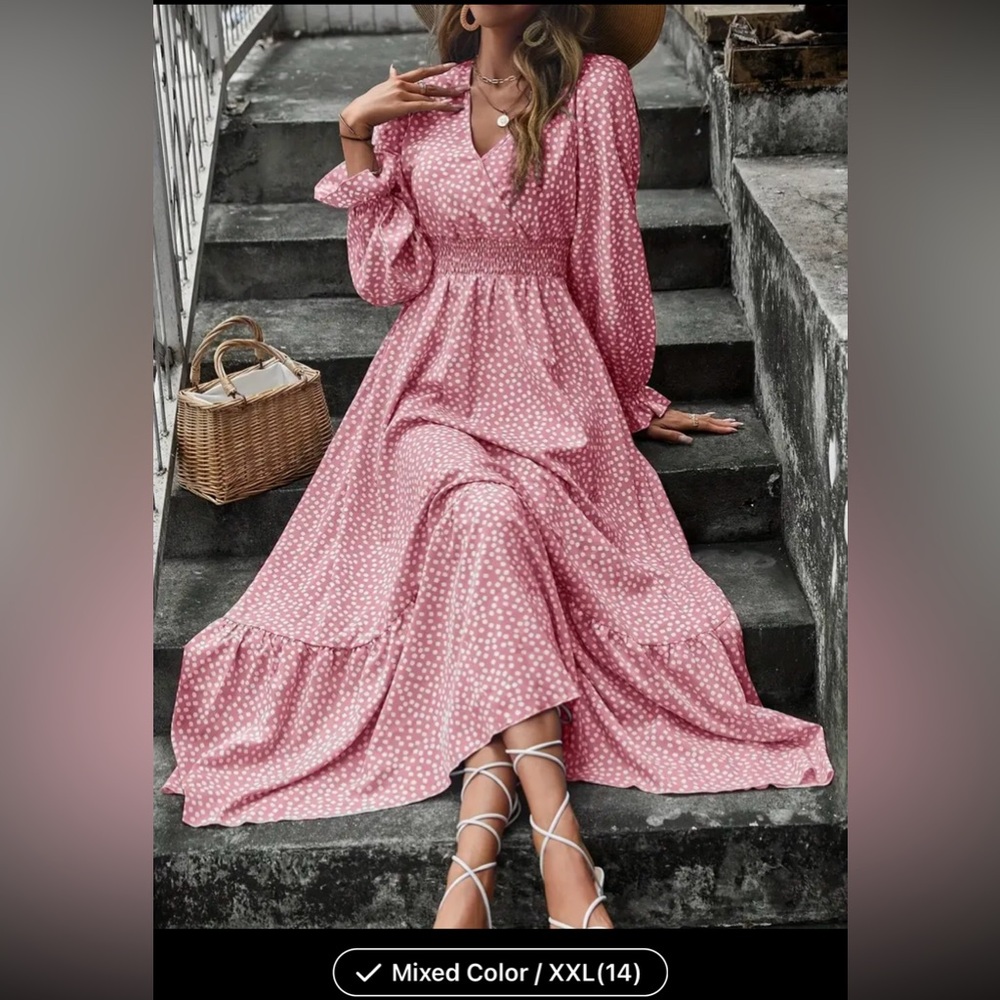 Chic Floral Print Long Sleeve V-Neck Dress - Figure-Flattering Surplice Design